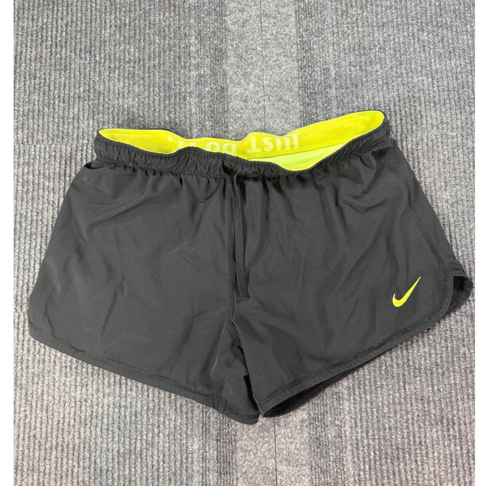 Nike Dri-FIT 2-in-1 Running Shorts Womens Medium Black Neon Yellow Just Do It